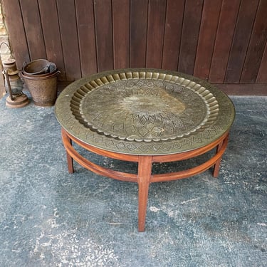 Pakistan Brass Tray Tabletop Teak Coffee Table Tea Table Vintage Mid-Century Craftsman 