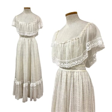 Vtg 70s Gunne Sax Designer Cottage Core Floral Lace Off The Shoulder Maxi Dress 