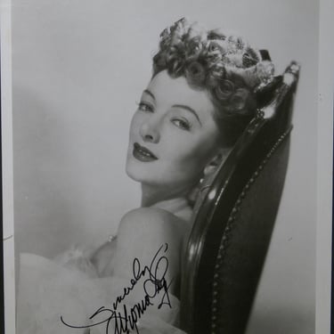 MYRNA LOY Signed Photo Publicity Still "So Goes My Love" Off Shoulder Gown High Back Chair 1946 MGM Autograph Photo Hollywood Golden Era 