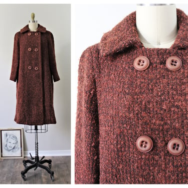 Vintage 1960's 70s Copper Rust Wool MOHAIR Double Breasted Pea Coat // I MAGNIN of California / US 6 8  S Med 
