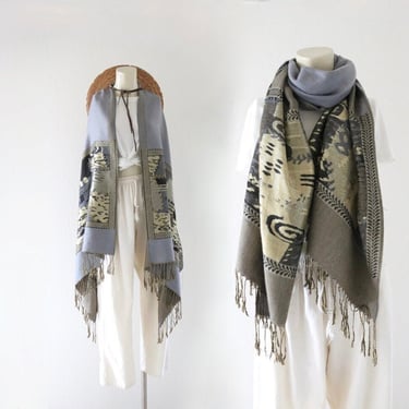 100% pashmina scarf - vintage 90s y2k womens gray large fringe tassel fall cape scarves wrap shawl 