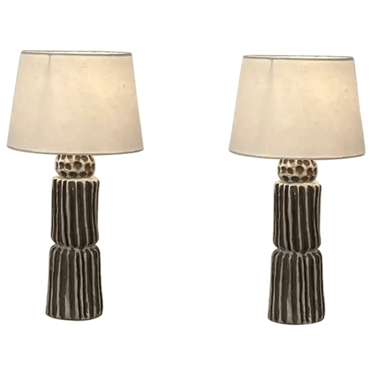 Pair of Large 'Sillons' Pottery Lamps with Parchment Shades by Design Frères