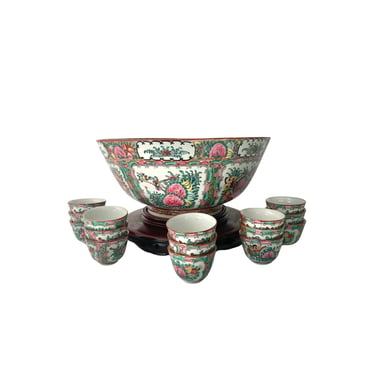 20th Century Rose Medallion Punch Bowl With Cups 