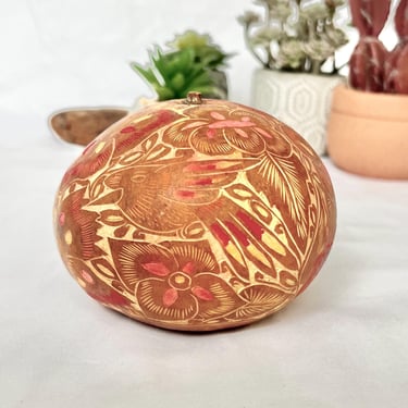 Carved Gourd Art, Artisan Made, OOAK Decor, Natural Artwork, Mexico, Hand Painted, Bookshelf Decor, Mantel Art 