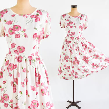 1950s White Floral Dress | 50s Pink Flower Dress | Mode O' Day | Medium 