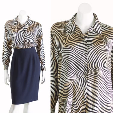 Vintage Long Sleeve Silk Tiger Print Blouse | Iridescent Button Front 