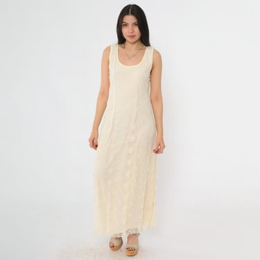 Vintage Cream Mesh Lace Dress 90s Floral Embroidered Maxi Grunge Scoop Neck Bohemian Summer Party Sleeveless Lined Sun Dress Large Petite 