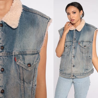 Denim Sherpa Vest 80s Levis Shearling Vest Grunge Blue Sleeveless Jean Jacket Levi Strauss Snap Up Biker Distressed Vintage 1980s Mens Large 