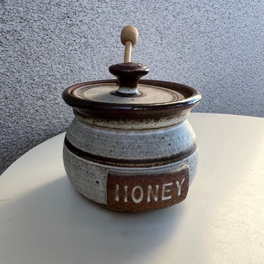 Vintage Studio Art Pottery Honey Pot Jar Browns With Wood honey Stick 
