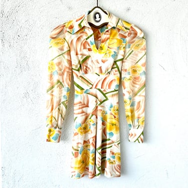 Vintage 70s Airbrush Butterfly Collar Dress 1970s Floral Shirtdress 