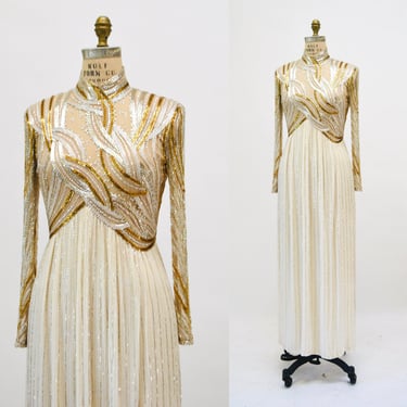 80s 90s Vintage Silver Gold White Cream Beaded Gown Dress Medium Bob Mackie Silk// Vintage Sheer Wedding Gown Beaded Art Deco Medium 