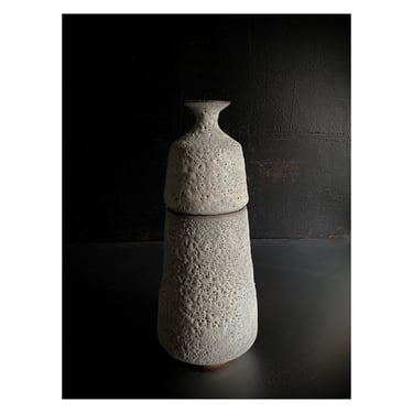 SHIPS NOW- Cylinder Stack Vase in Crater White by Sara Paloma Pottery 2 piece ceramic set, bud vase atop a cylinder storage vessel on bottom 