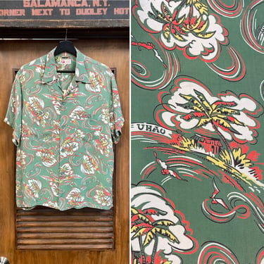 Vintage 1950’s Cartoon Tiki Island Rayon Hawaiian Shirt, 50’s Vintage Clothing 