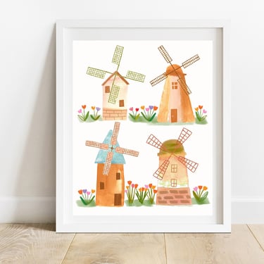 Tulips and Windmills 8 X 10 Art Print/ Dutch Windmill Illustration/ Holland Tulip Field Art Print/ Tulip Farm Wall Decor 