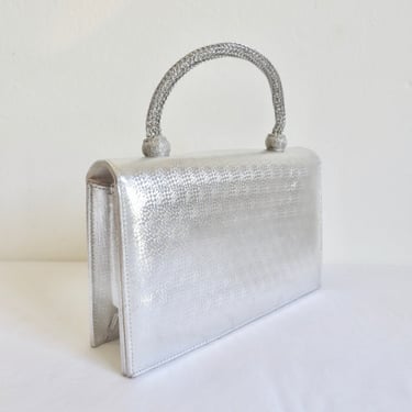 1960's Metallic Silver Leather Small Evening Purse Clutch Metal Top Handle Formal Cocktail Bag Mod 60's Handbags Magda Makkay 