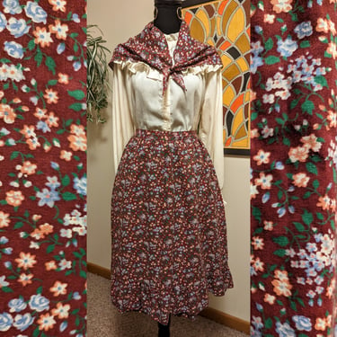 Vintage 1970s Cotton Floral Prairie Tiered Midi Skirt with Pockets and Matching Scarf 