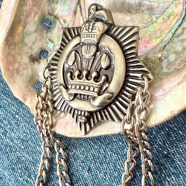 Military Style Crest Pin, Steampunk Style Brooch, Chains, Crown Insignia, Vintage 