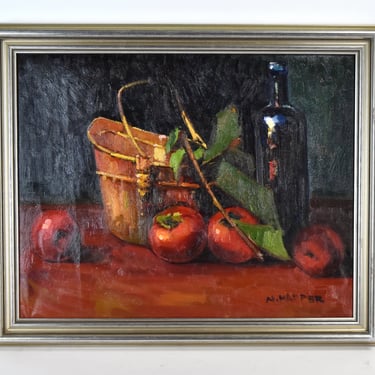 Vintage Impressionist Oil Painting Wine Bottle with Tomatoes Still Life sgd Harper 