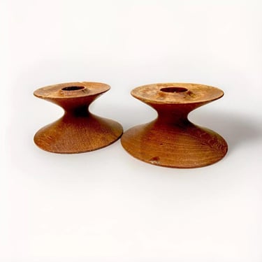 Vintage Scandi Rustic Wooden Teak Candlestick Holders, Worn, Rustic, Primitive Charm MCM 3.5” | OMC Japan Saucer Candlesticks 