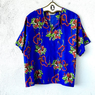 Vintage 70s Pomare Hawaiian Ukulele Shirt 1970s Womens Aloha Shirt Floral Lei Hawaii Top 