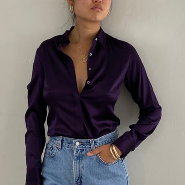 Y2K silk charmeuse blouse / vintage plum purple stretch liquid silk charmeuse blouse | Medium 