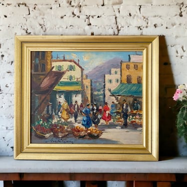 15 X 13" Vintage framed oil painting on canvas. MCM colorful street market scene. Impressionist art featuring people. OOAK Signed Original 