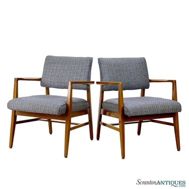 Mid-Century Modern Walnut Sculptural Blue Upholstered Arm Chairs - A Pair