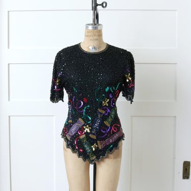 vintage 2000 Y2K sequin blouse • beaded black NYE party favor novelty top 