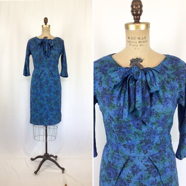 Vintage 50s dress | Vintage blue floral dress | 1950s Leslie Pomer sheath dress 