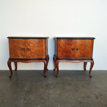 Pair (2) Queen Anne Style Burl Cabinet Nightstands 