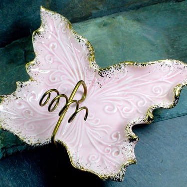 Butterfly Trinket Dish - Pink and Gold Butterfly Ashtray - Mid-Century 1950s Porcelain with Metal Stand - Made in USA | FREE SHIPPING 