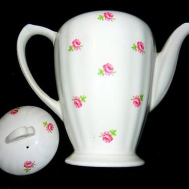 J&G Meakin Tall Teapot, Vintage Coffee Pot~ Cream White, Small Pink Rose Flower Transferware~ French Chic Cottage Decor, Tea Party Serving, 