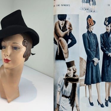 Those Little Perfections - Vintage WW2 1940s Black Wool Felt Stove Top Tyrolean Peaked Hat 