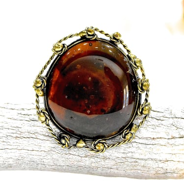 VINTAGE: Huge Brutalist Brass Ring Dark Amber Glass - Artisan Organic Ring - Handmade - Gift, Wedding, Birthday - SKU 5-A3-00017801 