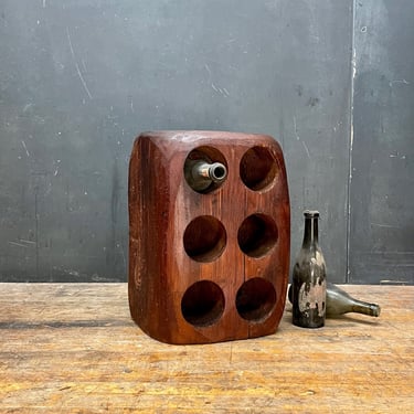 Vintage Wooden Block Side Table or Stool + Wine Rack Holder for Six Bottles Organic Cabin Modern 