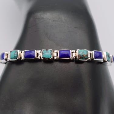 90's aCleoni lapis lazuli turquoise sterling link bracelet, heavy 925 silver & stones hinged bracelet 