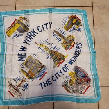 Vintage 50s/60s New York City Scarf ~ Novelty Print/ Souvenir / Hand Rolled /Made in Japan / The City of Wonders 