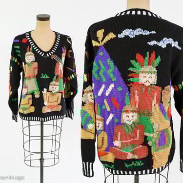 Berek | 1980s Native American Inspired Sweater | 80s Black Hand Knit Indian Sweater | Berek New York | Large 