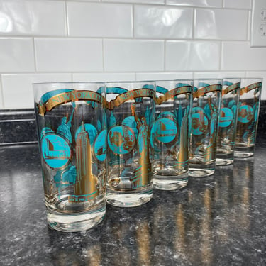 New York City Highball Glasses, Vintage NYC Turquoise & Gold Souvenir Cocktail Glasses, Set of 6 NYC Highball Glasses, Statue of Liberty 