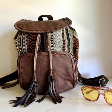 90s Brown Tassel Fringe Drawstring Southwestern Tapestry Medium Backpack 
