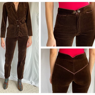 1970's Velvet Suit / Brown Velvet Suit / Leisure Wear / High Waist Bell Bottom Cropped Pants Blazer / Workwear / Secretary CEO Trouser Set 