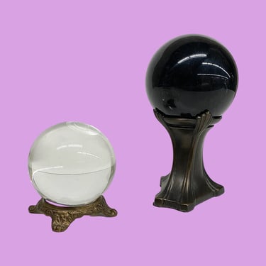 Vintage Crystal Ball Set Retro 1980s Great City Traders + Black Obsidian Sphere + 24 Lead Crystal + Set of 2 + Metal Bases + Witch Decor 