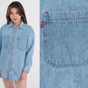 Levis Denim Shirt 90s Blue Jean Button Up Shirt Long Sleeve Cotton Button Down Boyfriend Top Retro Streetwear Basic Vintage 1990s Medium M 