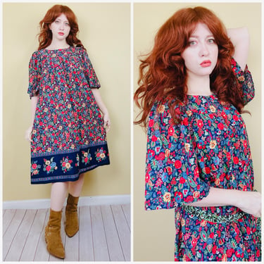 1970s Vintage Red and Blue Cotton House Dress / 70s Bouquet Floral Flared Sleeve Lounge Dress / One Size 