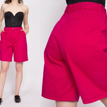 90s Hot Pink Pleated High Waisted Shorts - Medium, 28" | Vintage Magenta Cotton Denim Mom Shorts 