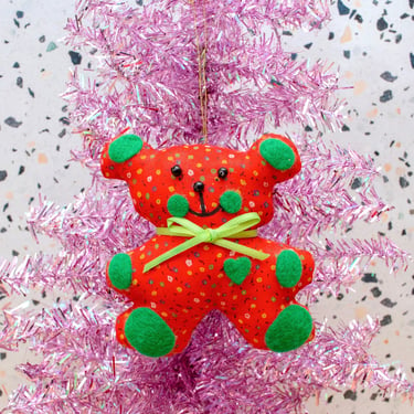 Vintage 1970s Teddy Bear Ornament - Handmade Calico Fabric Bear Holiday Decoration Christmas Decor 