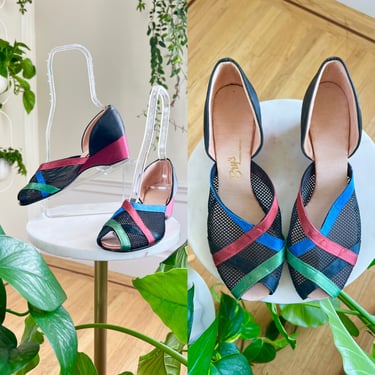 Vintage 1940s Heels | 40s Colorful Satin Ribbon Mesh Wedge Heel Slip On Peep Toe House Slippers Formal Dress Shoes (size US 8.5/9) 