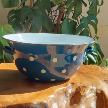 Vintage XL Polka Dot Enamel Bowl With Handles/Retro Polka Dot Bowl With Heandles/Kitchenalia/Shabby Chic Kitchen Decor /EMO Yugoslavia/ 1970 