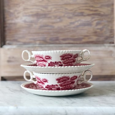 Spode Red Transferware Soup Bowls and Saucers (Set of 2) 
