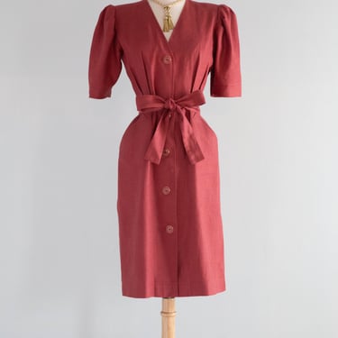 Vintage Yves Saint Laurent "Rive Gauche" Belted Linen Dress In Rosewood / SM